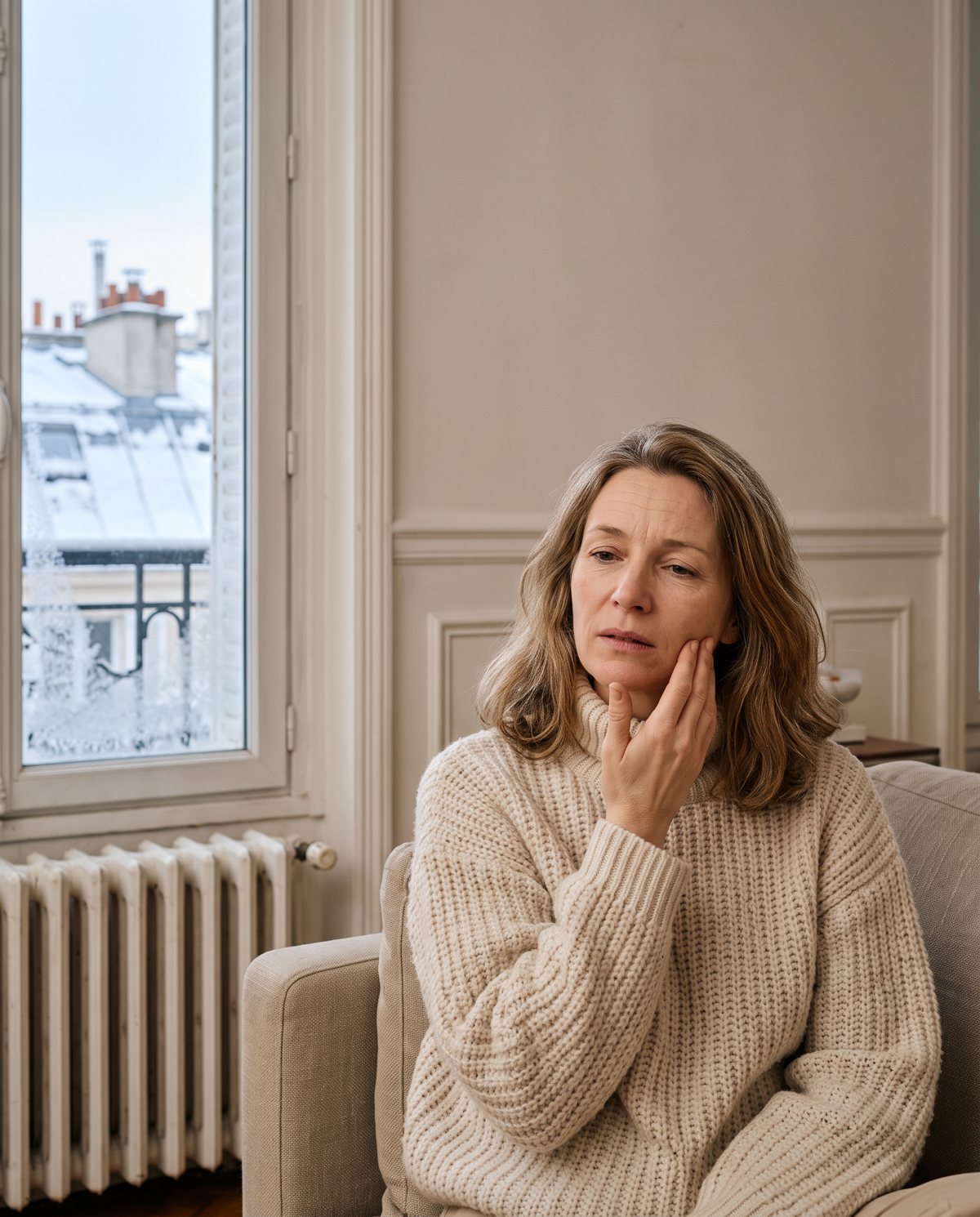 Femme de plus de 40 ans dans son salon chauffé, en hiver